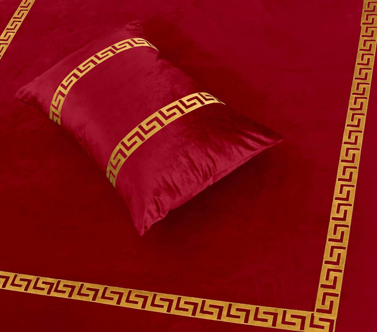 Mehroon King Size Velvet Frill Bed Sheet Set with Greek Patterns, &amp; Matching Pillowcases