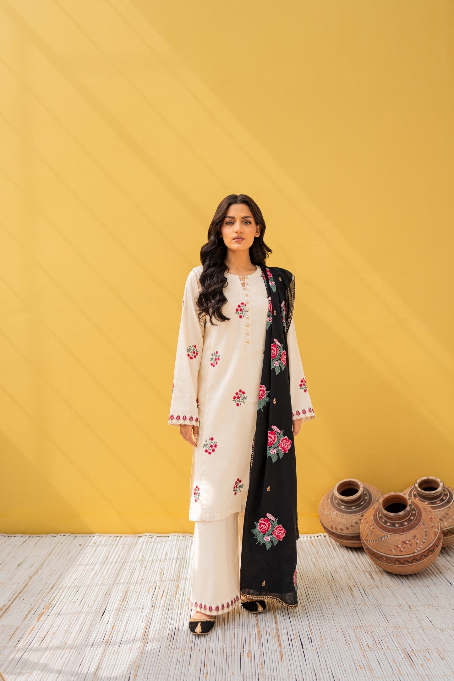 cream & black Embroidered 3PC ZB-1354