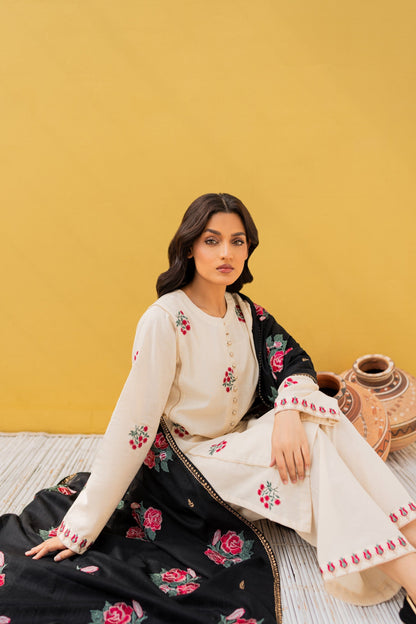 cream & black Embroidered 3PC ZB-1354