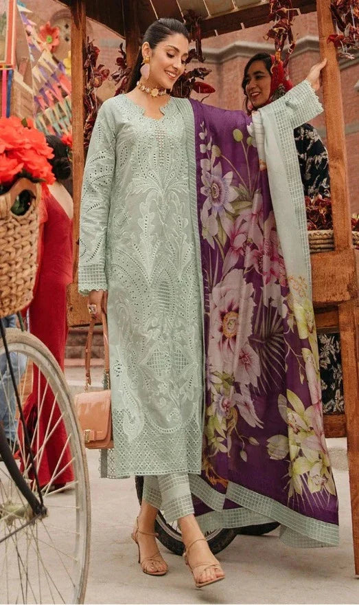 Unstitch 3pc Embroidered With Digital Printed Silk Dupatta Chicken kari borring Embroiderys